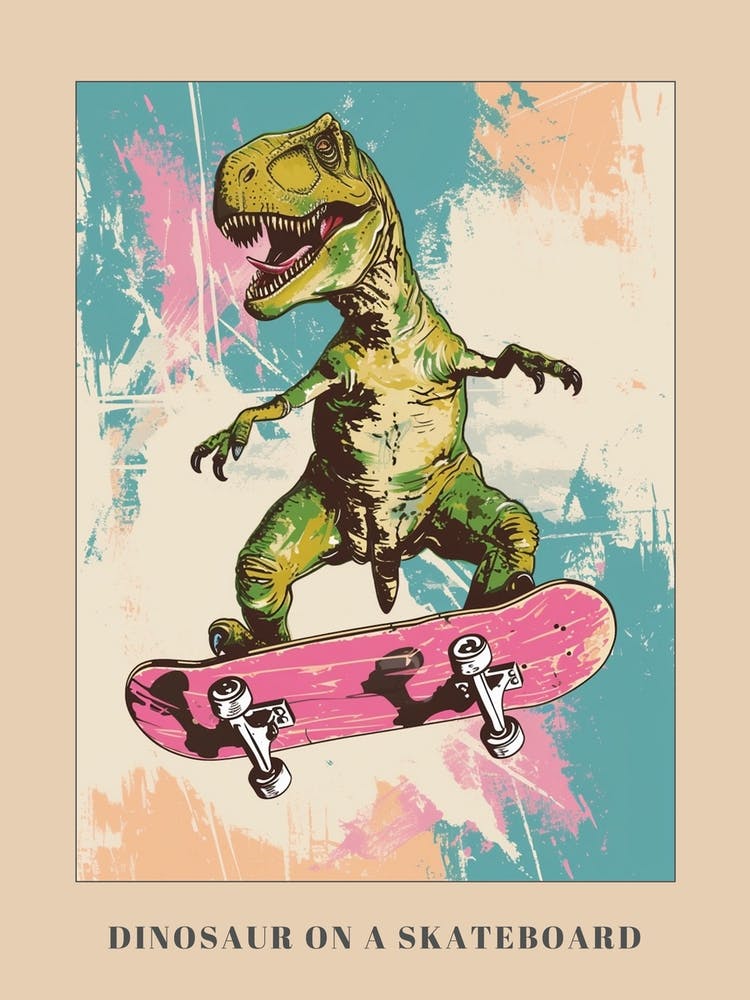 Mustard Tones Dinosaur On A Skateboard 1 Poster