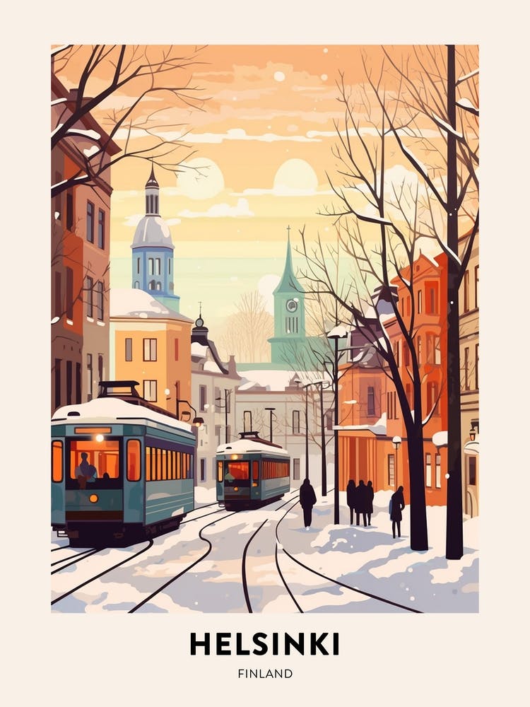 Vintage Winter Travel Poster Helsinki Finland 2