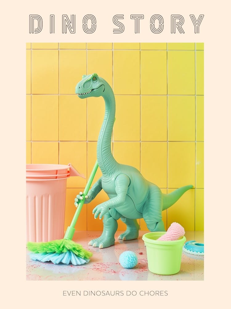 Pastel Toy Dinosaur Mopping Up Poster