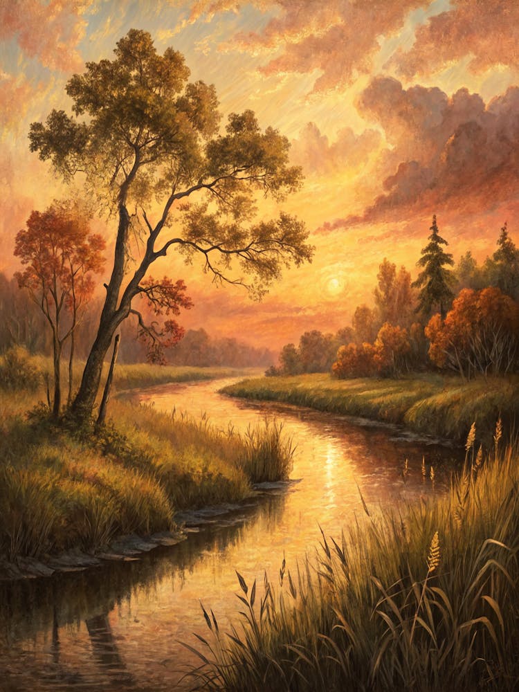 Oil Painting Style Golden Hour On Quiet River