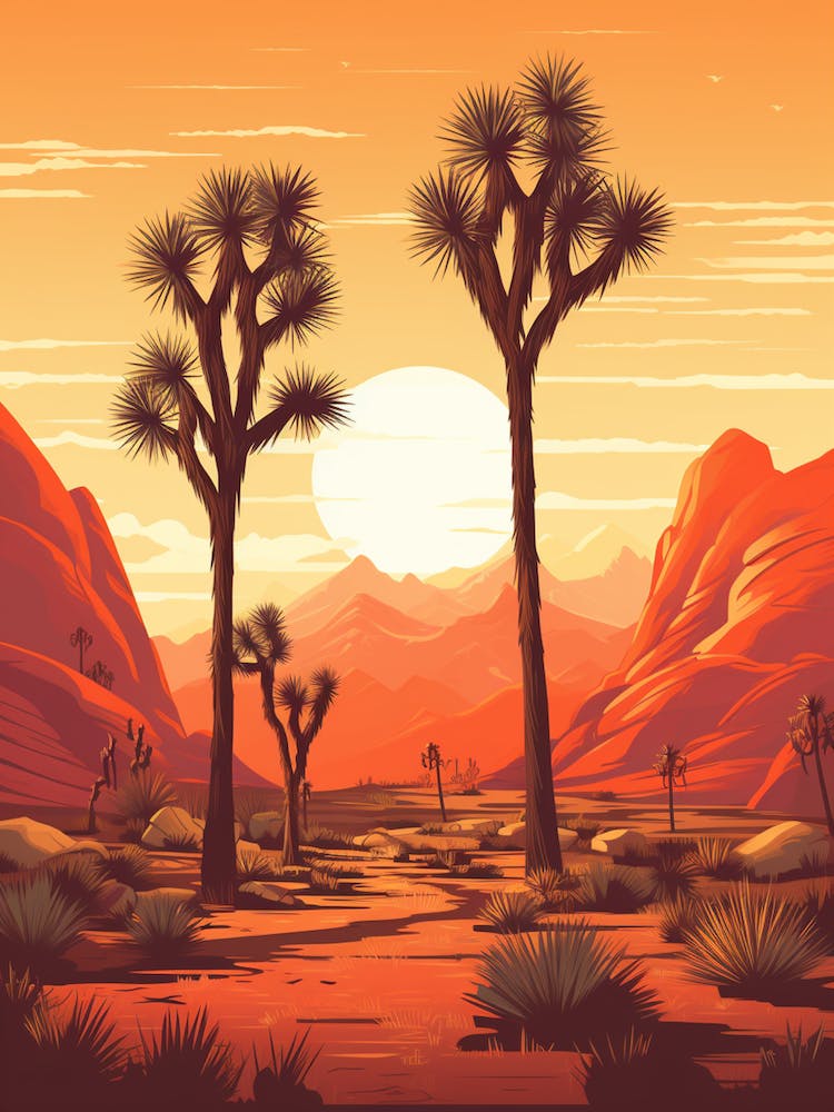 Retro Illustration Of A Joshua Trees At Dawn In Desert 7