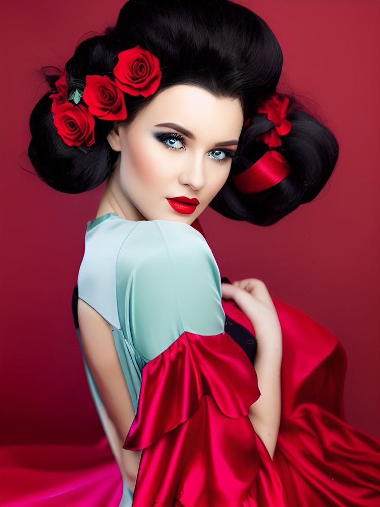 Geisha Woman With Red Roses