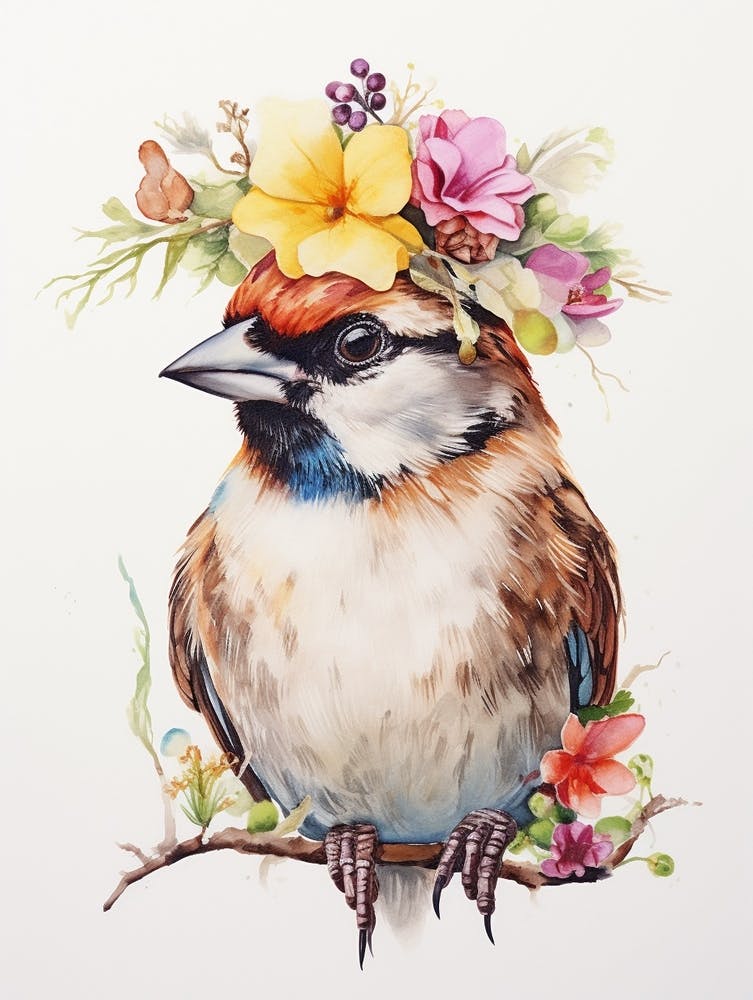Oiseau avec une couronne de fleurs - Moineau domestique 4