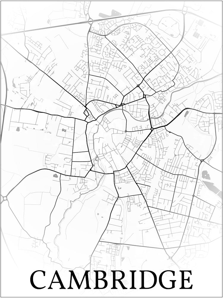 Cambridge, England, Uk, City Map, Black And White Fade Design