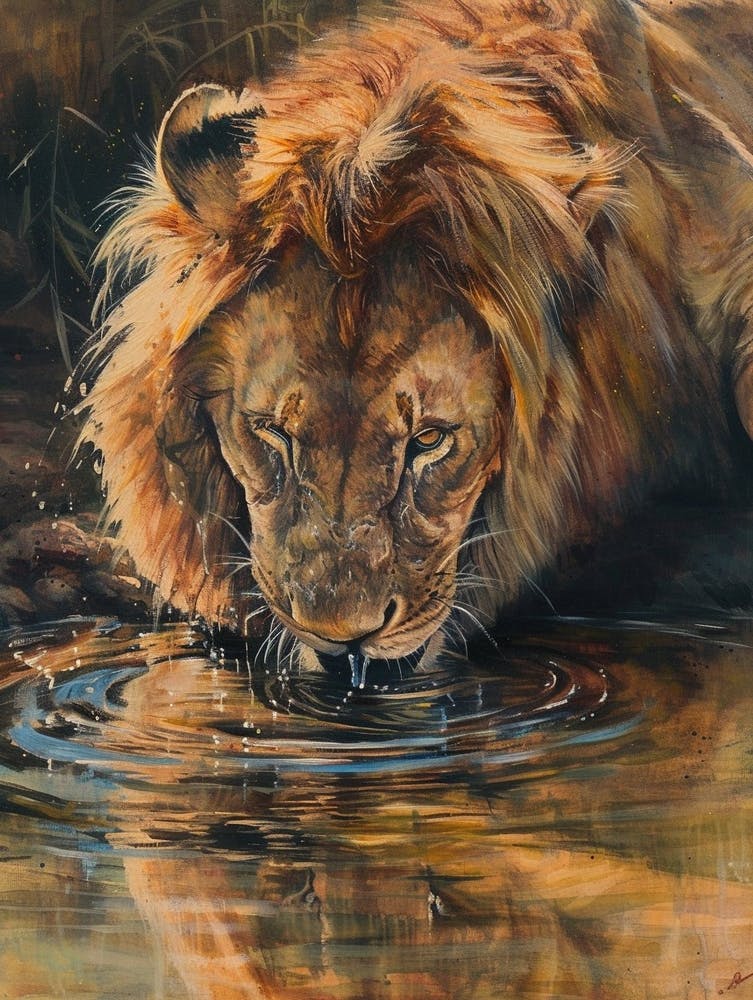 African Lion Drinking From A Watering Hole Acrylic Painting 1