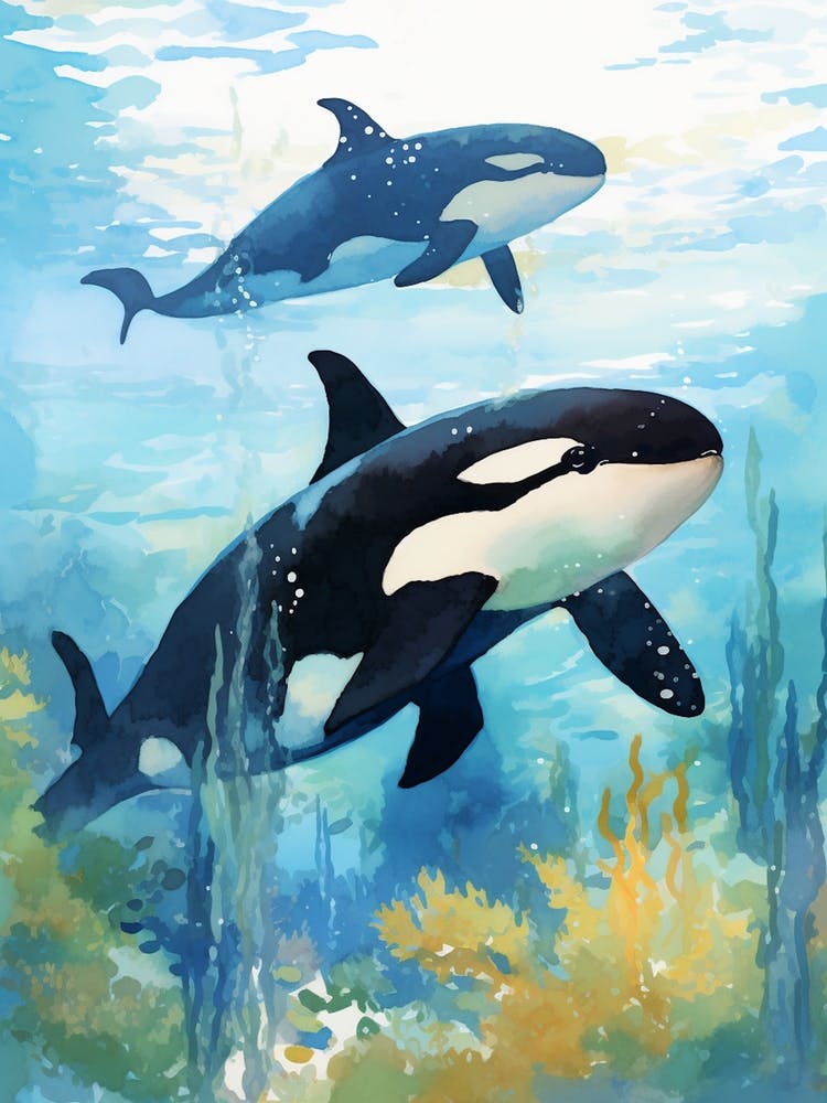 Orca Whale And Calf, Blue Aqua