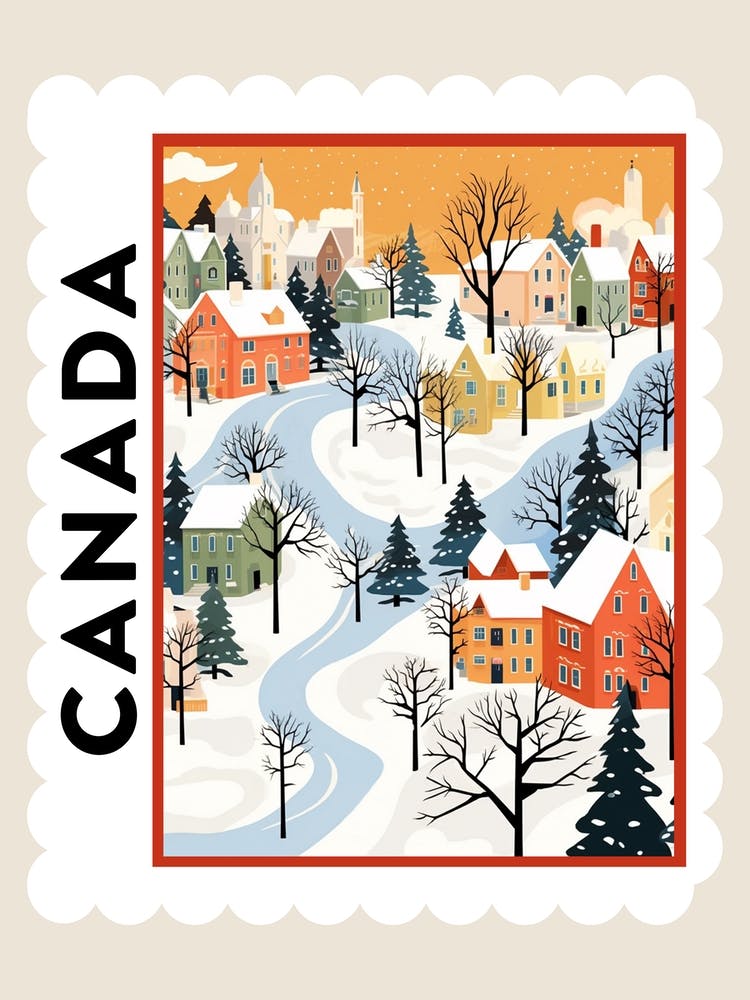 Retro Winter Stamp Poster Quebec City Canada