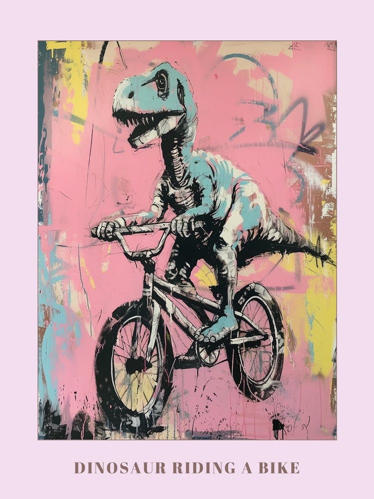 Dinosaur On A Bike Pink Purple Graffiti Style Illustration 2 Poster
