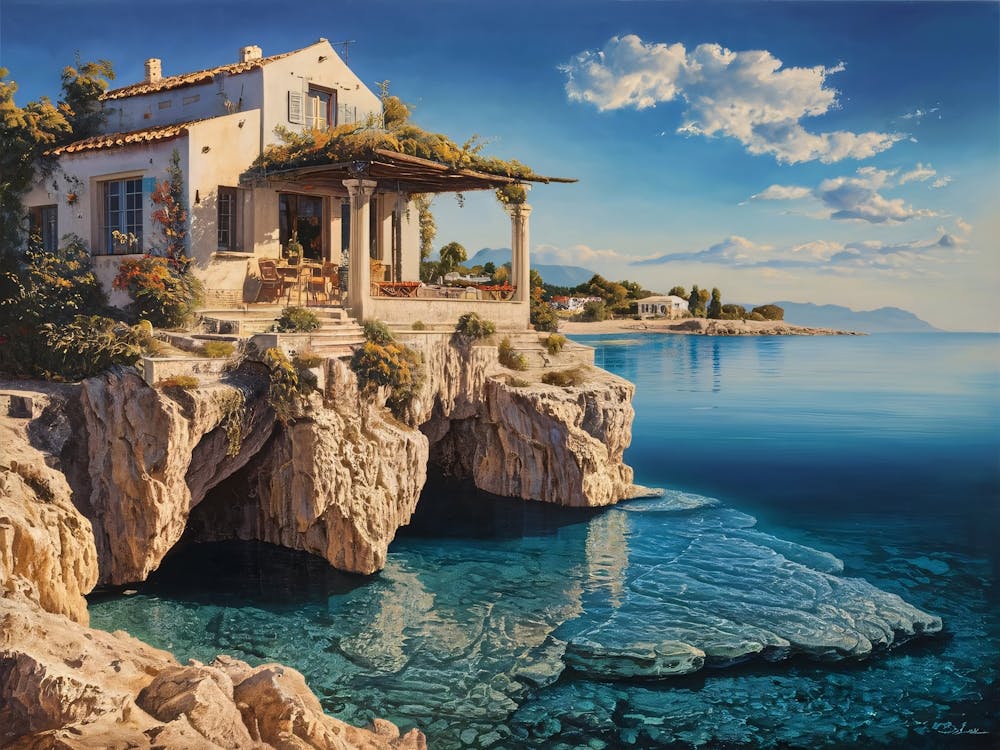 Oil painting of a Greek Tavern by the sea