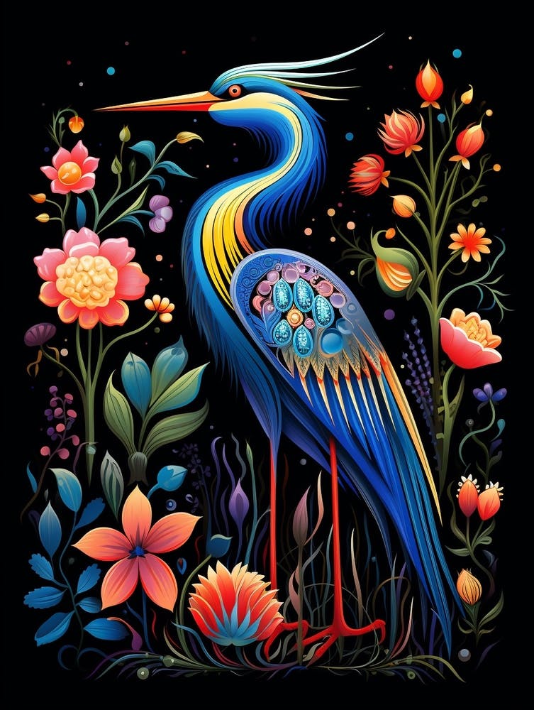 Folk Bird Illustration Great Blue Heron 1