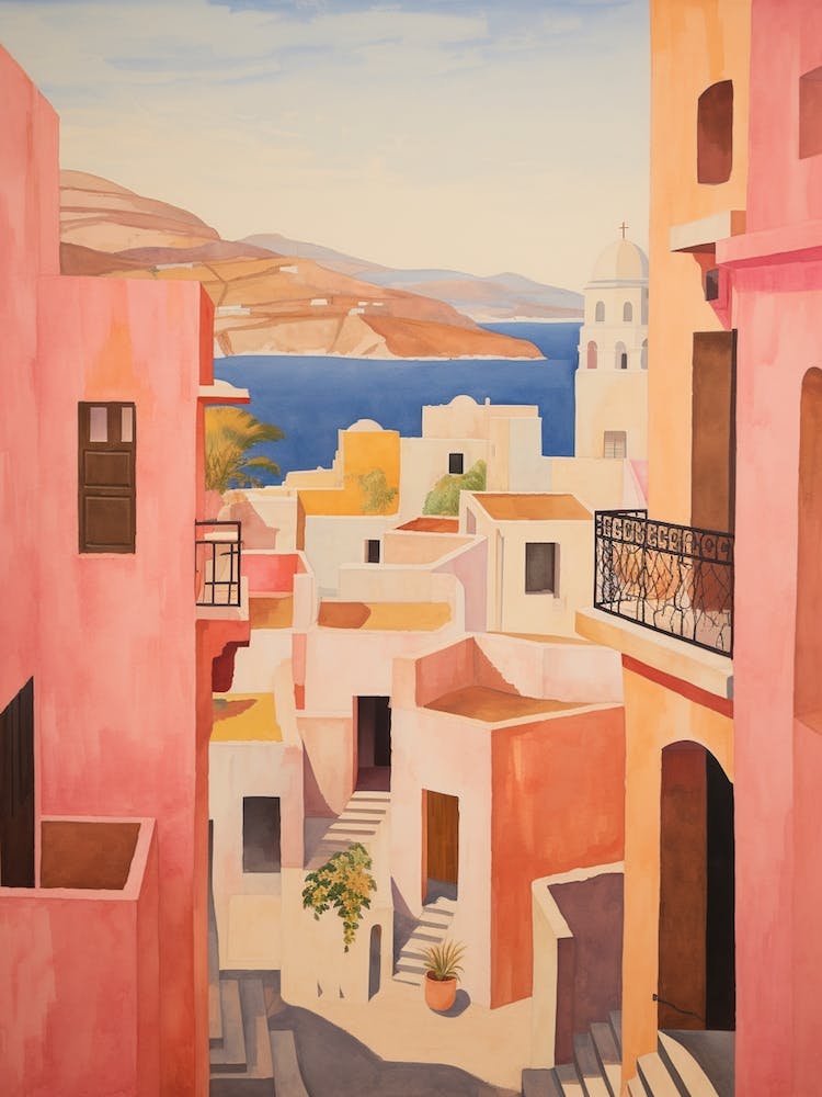 Santorini Greece 4 Vintage Pink Travel Illustration