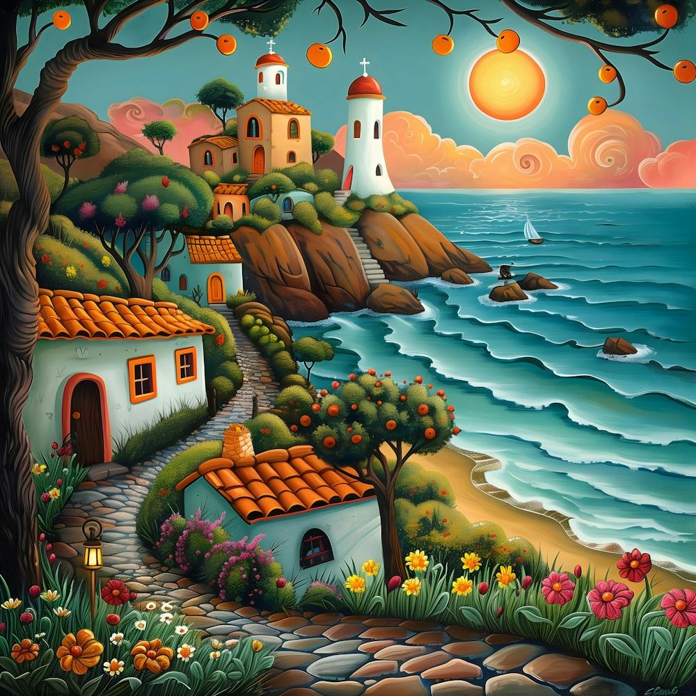 Sunset By The Sea, Naive, Whimsical, Folk