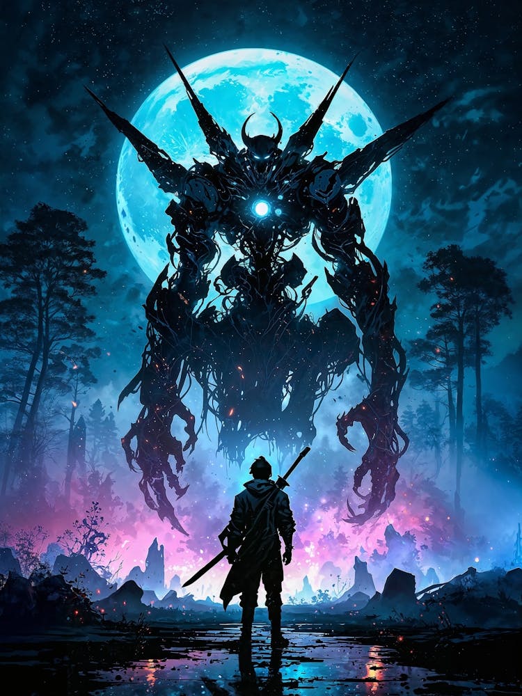 Giant Fantasy Anime Mech Warrior vs. Cyberpunk Samurai: A lone samurai, silhouetted against a vibrant, neon-hued sky, stands defiantly before a colossal, mechanical behemoth. The giant, with glowing blue eyes and intricate, metallic limbs, looms over the samurai, casting a long shadow across the desolate landscape. The scene is set against a backdrop of a forest, with a large, blue moon hanging in the sky.