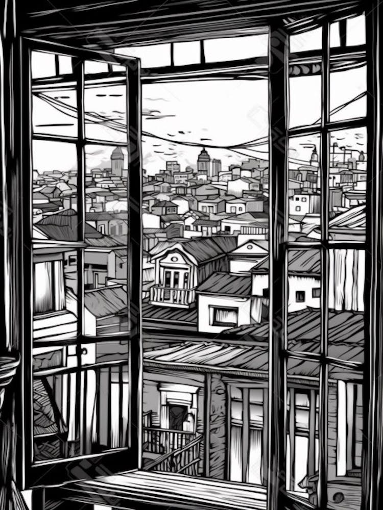 Ein Fensterblick auf San Francisco im Stil der Schwarz-Weiß-Strichzeichnung 2