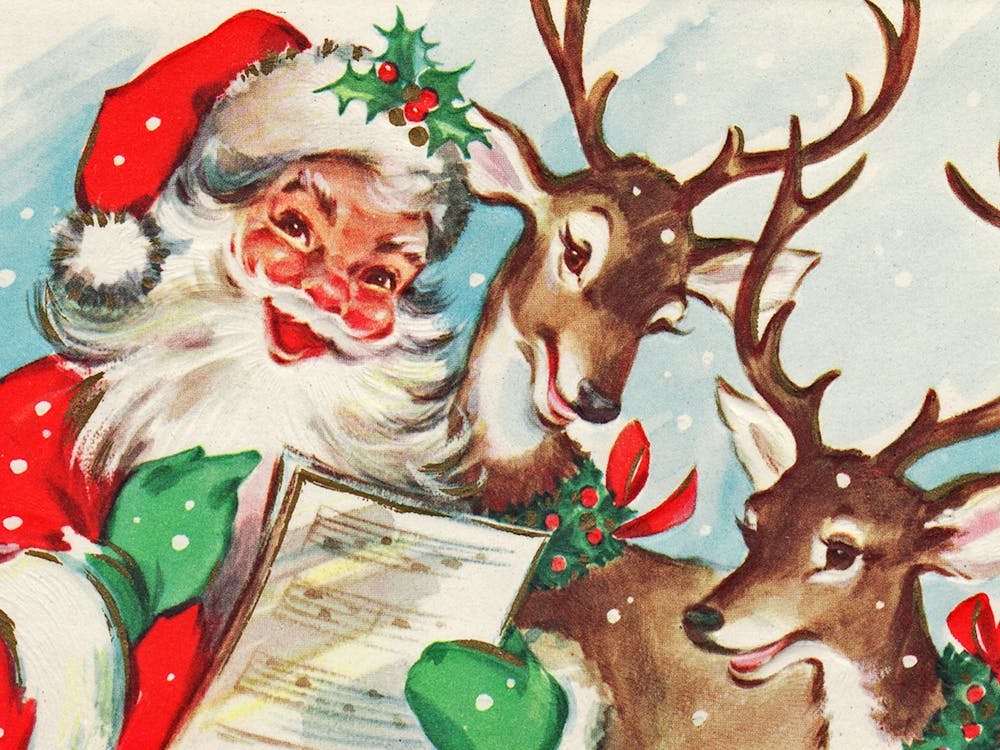Happy Santa Claus Singing With Deer