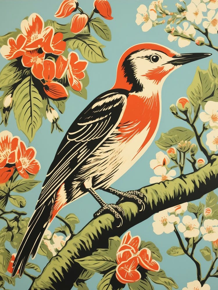 Vintage Bird Linocut Woodpecker 3