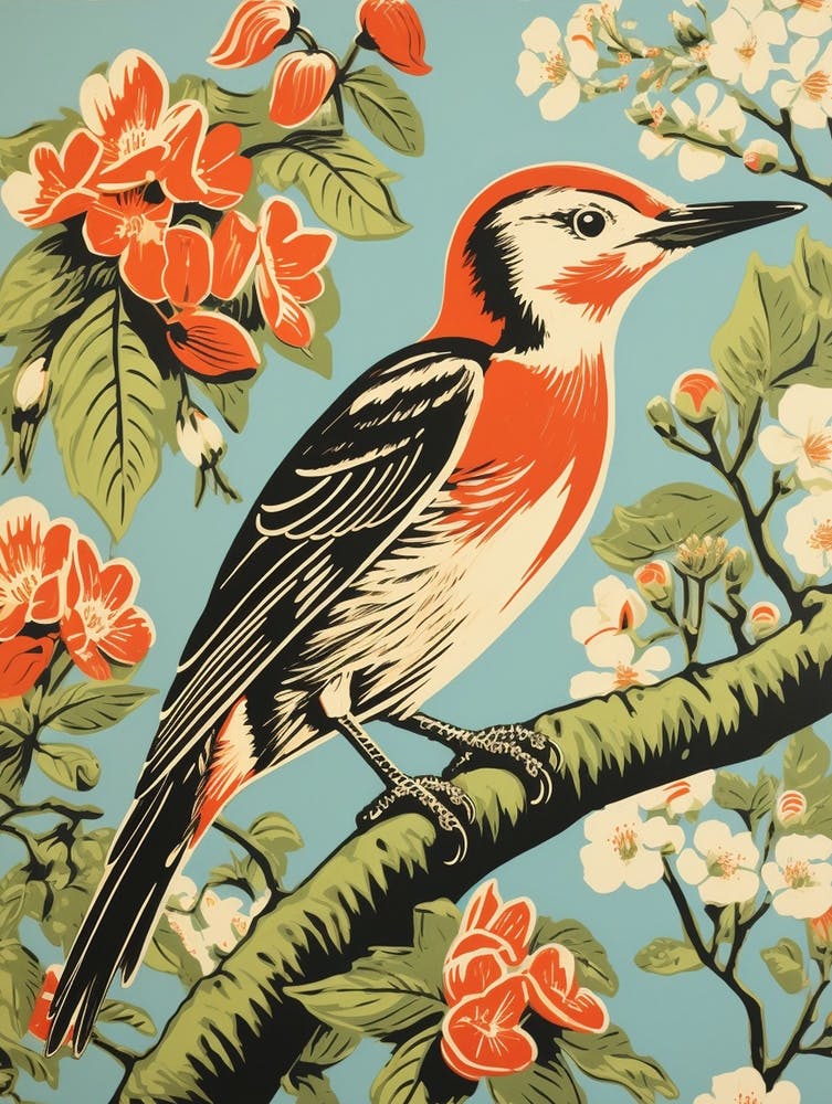 Vintage Bird Linocut Woodpecker 3