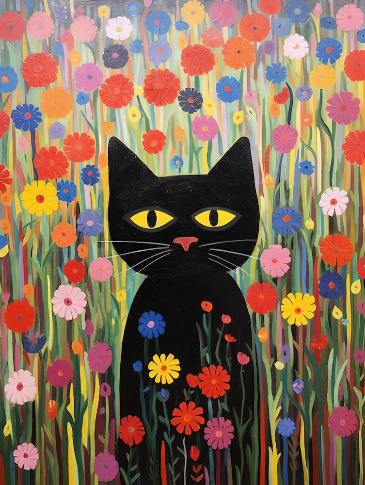 Black Cat In A Flower Field