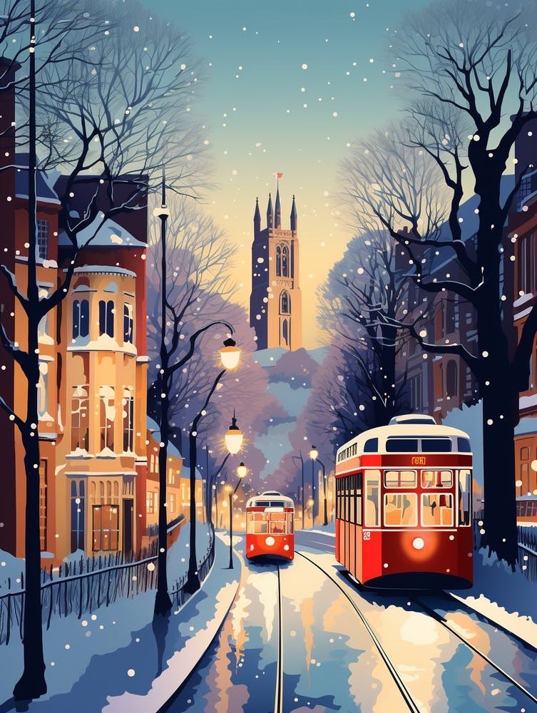 Winter Travel Night Illustration Nottingham United Kingdom 2