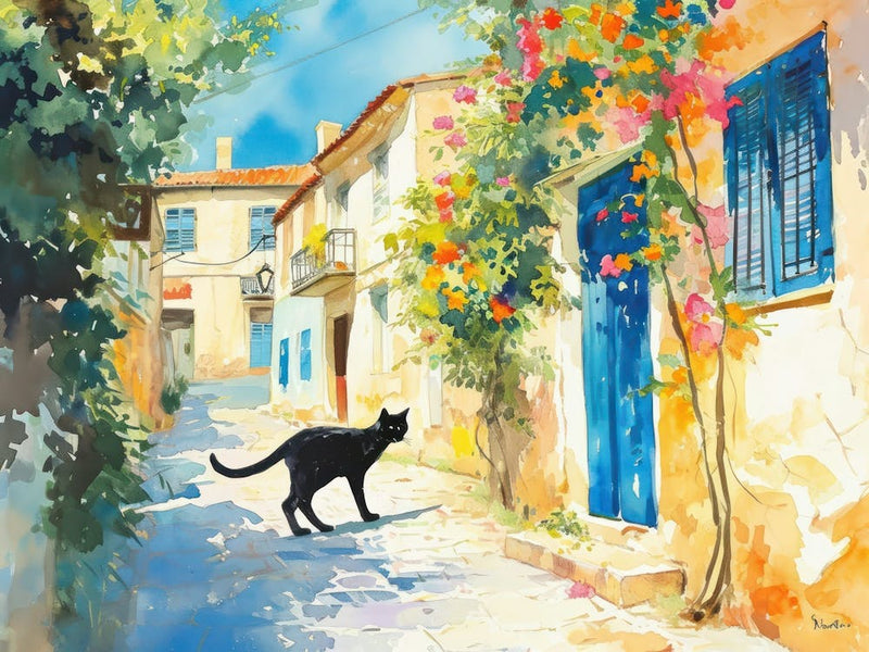 Athens, Greece   Black Cat In Street Art Watercolour Painting 2