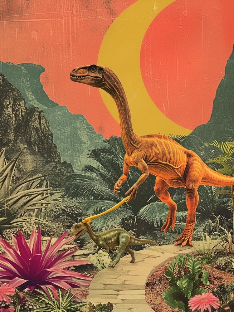 Dinosaur Walking A Dinosaur Retro Collage