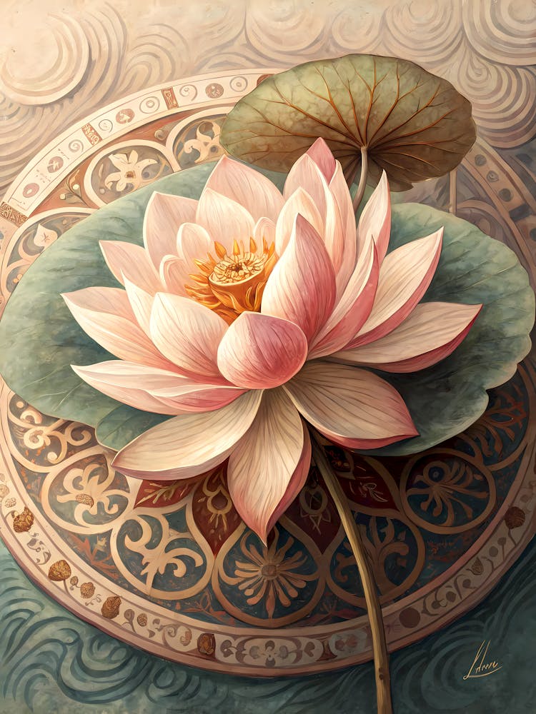 Oil Painting Style Lotus Bloom Over Circular Mandala