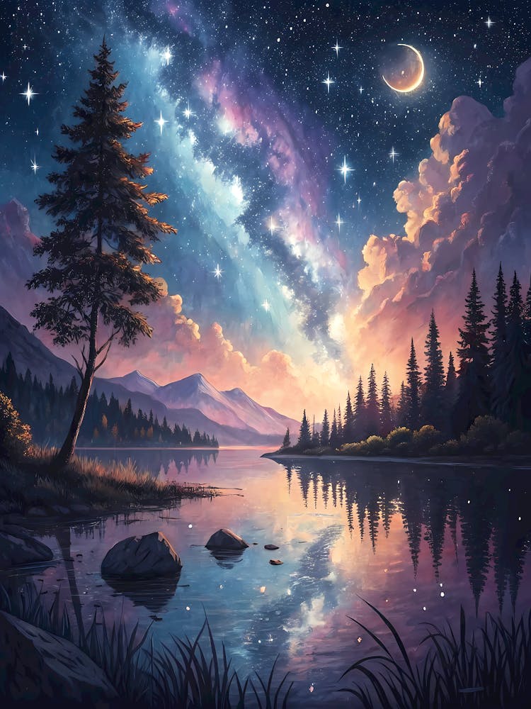 A Calm Lake Reflecting a Starry Night Sky Oil Painting Style