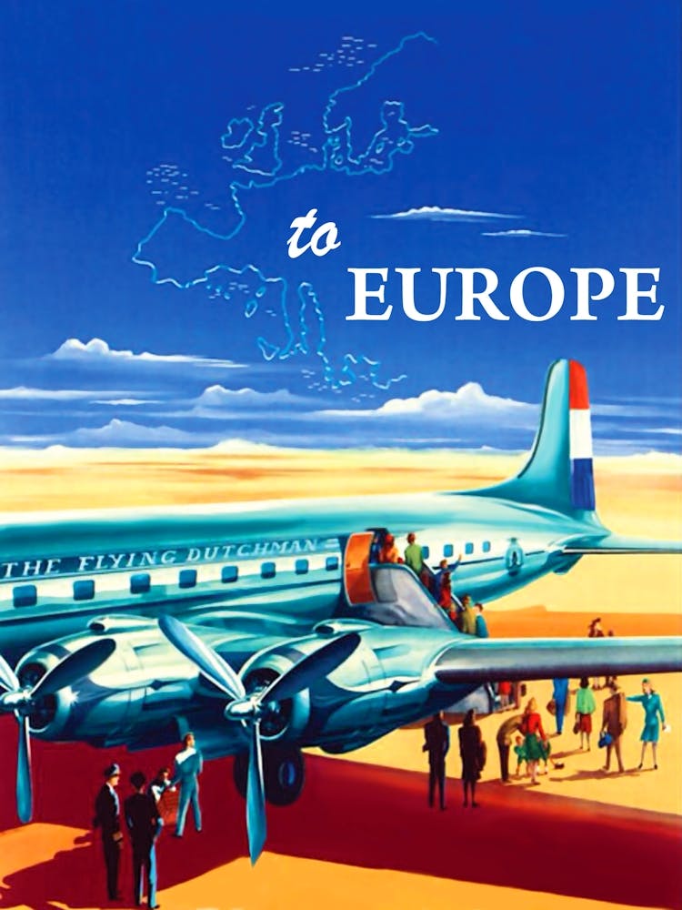 To Europe With The Flying Dutchman, Vintage Airline Poster