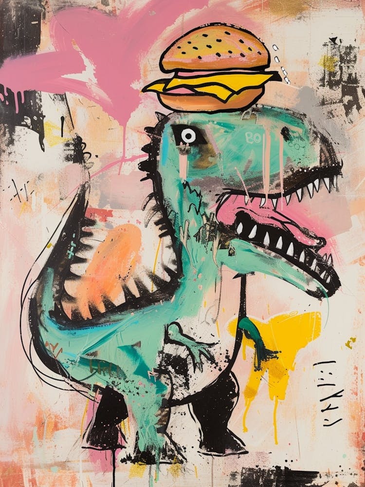 Dinosaure Mangeant Un Hamburger Style Graffiti Rose Bleu 2
