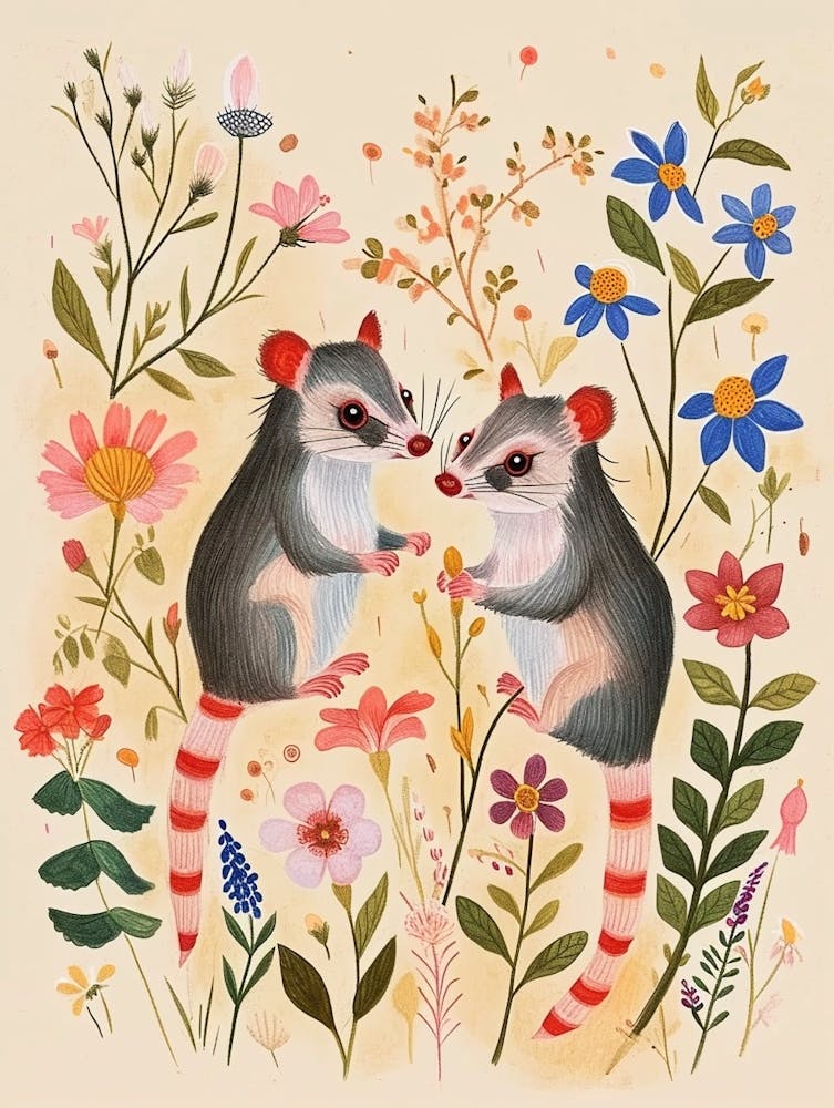 Folksy Floral Animal Drawing Oppossum