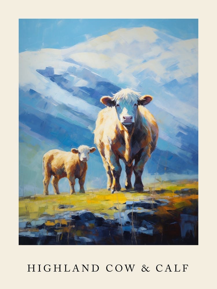 A Highland Cow & A Calf Impressionism Poster 3