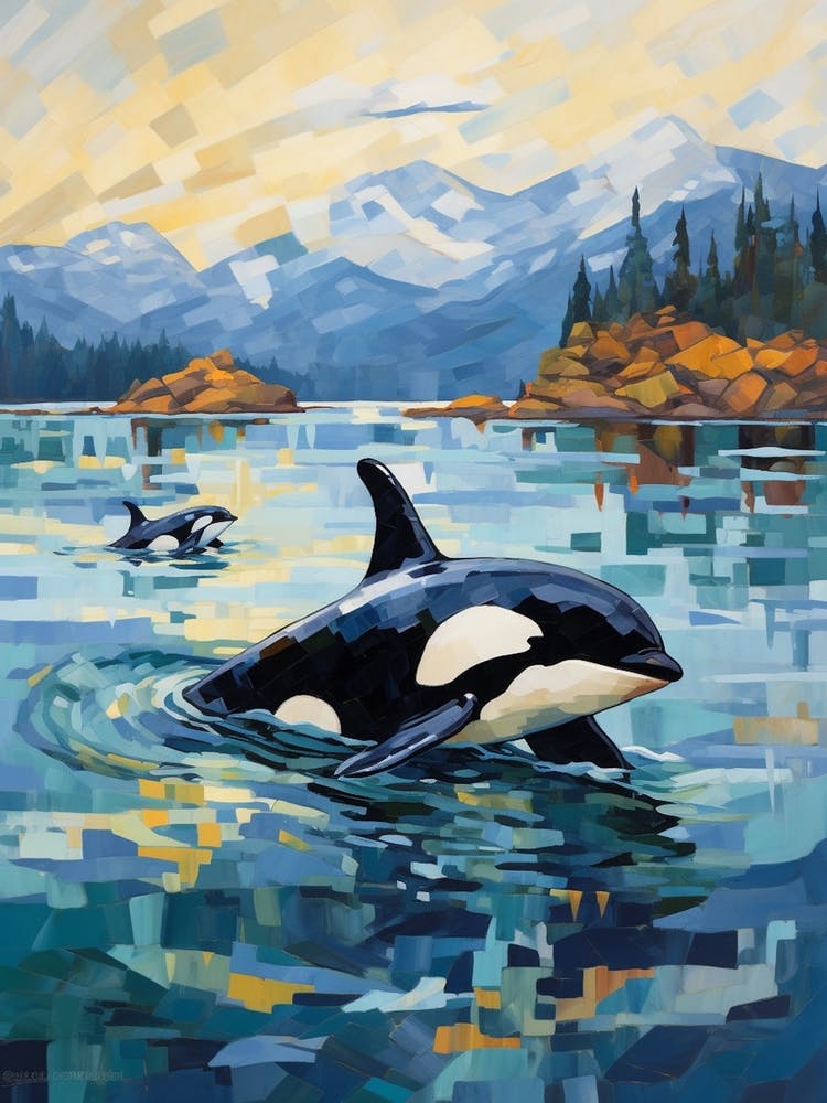 Two Orca Whales Geometric Impasto Blue