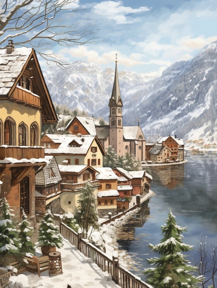 Vintage Winter Illustration Hallstatt Austria 1