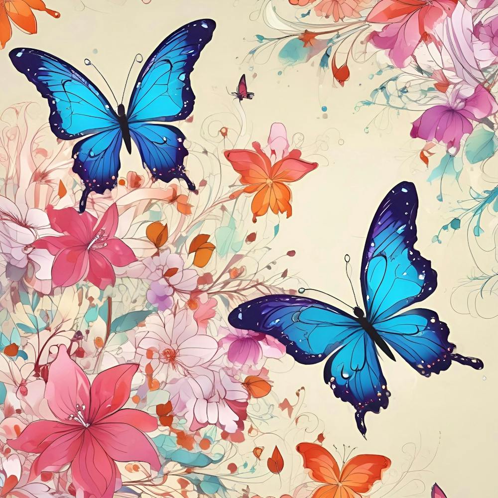 Blue Butterflies With Flowers