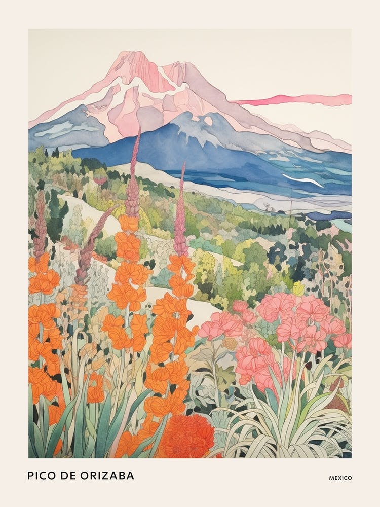 Pico De Orizaba Mexico 3 Colourful Mountain Illustration Poster