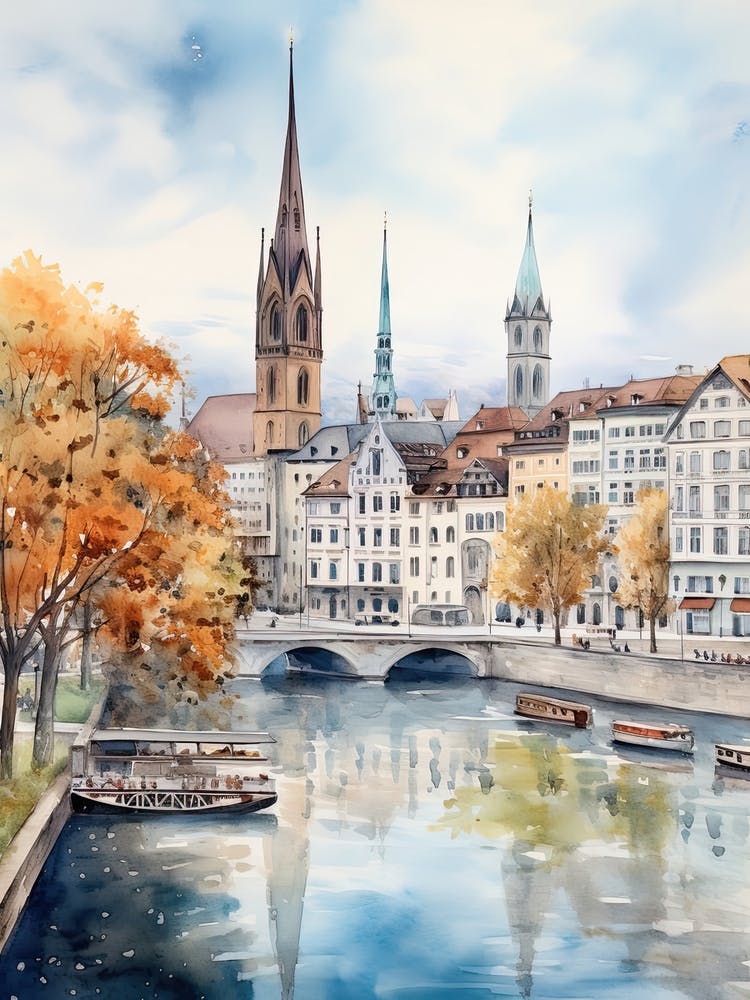 Zurich Switzerland In Autumn Fall, Watercolour 1