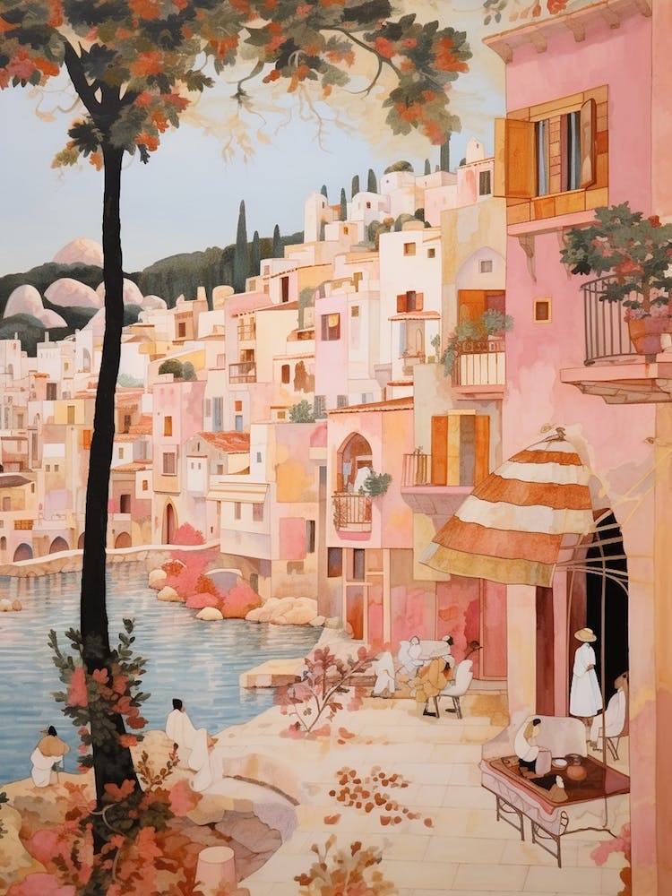 Ibiza Spanien 5 Vintage Pink Reiseillustration