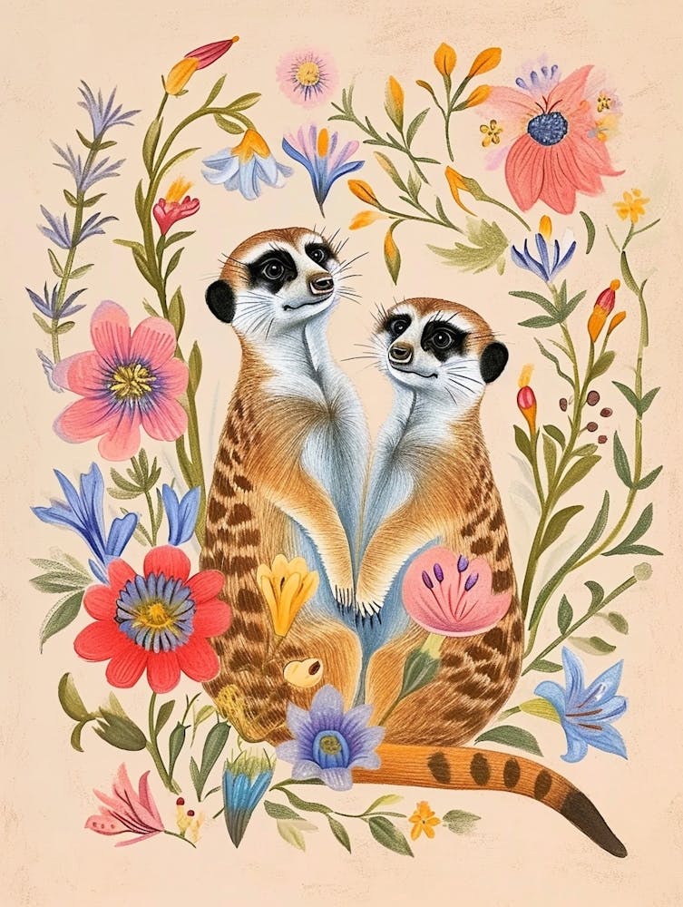 Folksy Floral Animal Drawing Meerkat