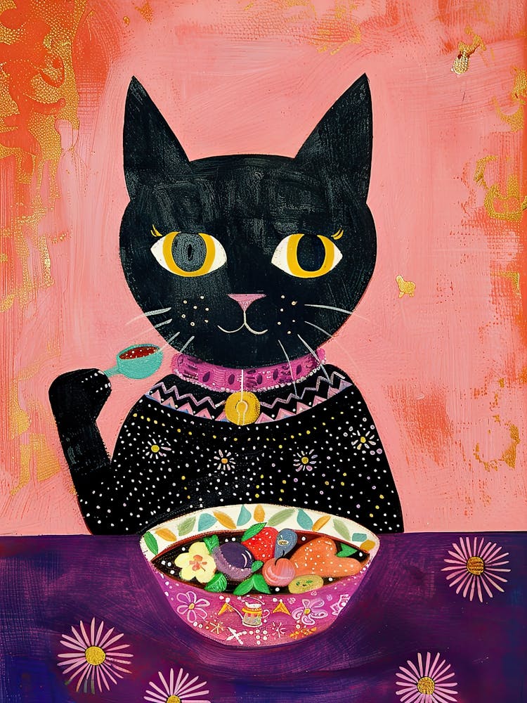 Black Cat Having Breakfast Folk Illustration 2