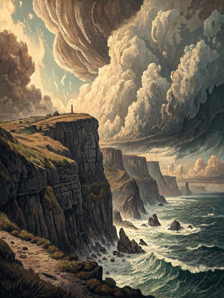 Oil Painting Style Storm Clouds Over Sea Cliffs