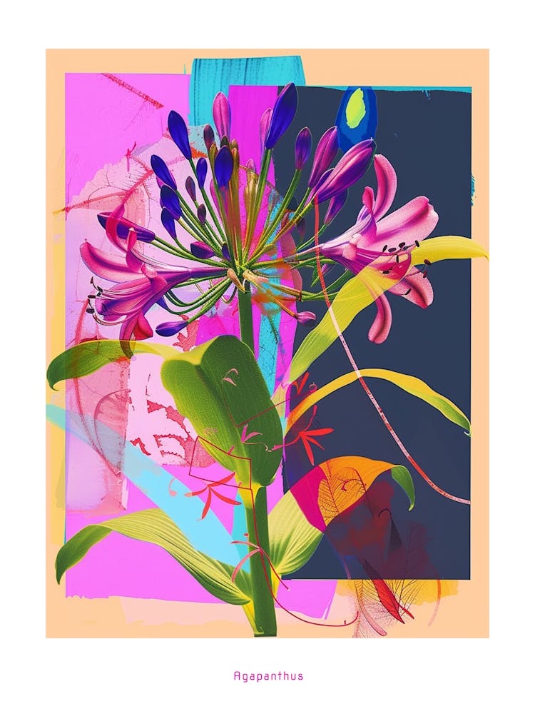 Agapanthus 3 Neon Flower Collage Poster