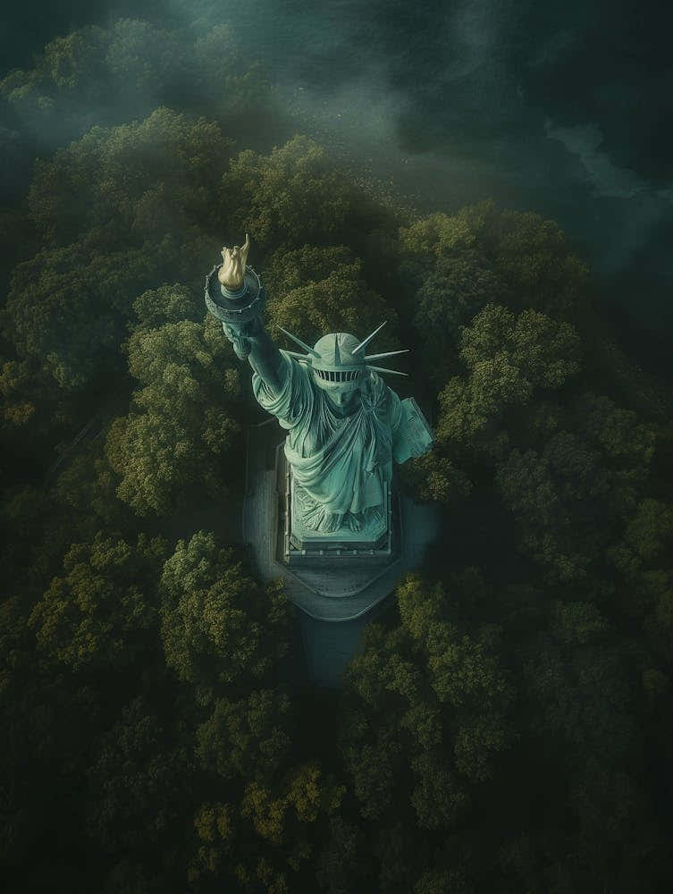 Aerial View,Drone View Of The Statue Of Liberty,Amazing Sky,Evening Colours,Realistic,Cinematic,Soft Light,Vignette