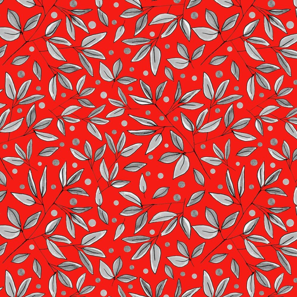 Floral Branches Gray On Red