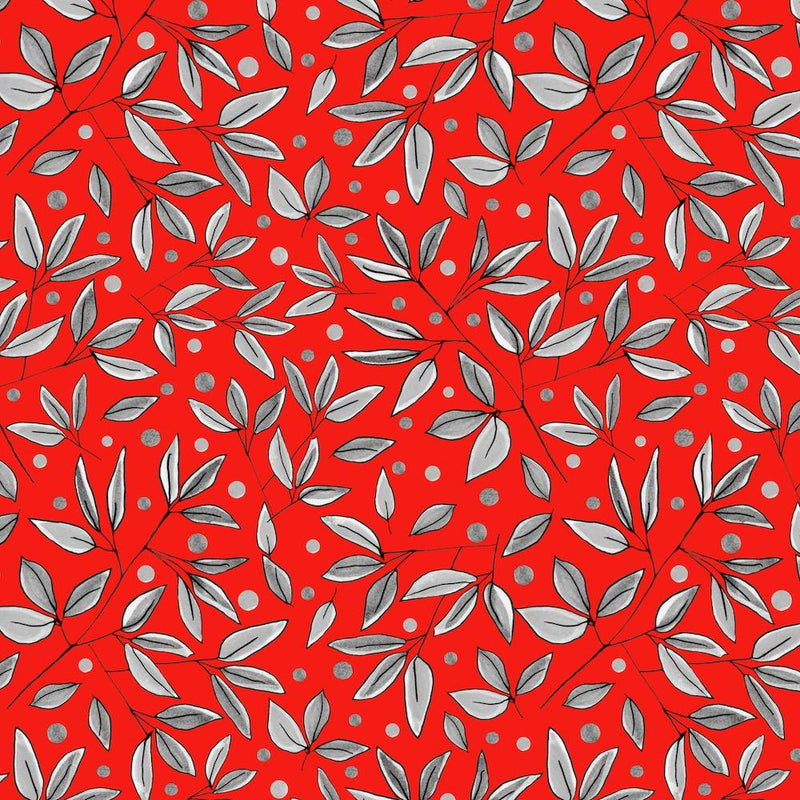 Floral Branches Gray On Red