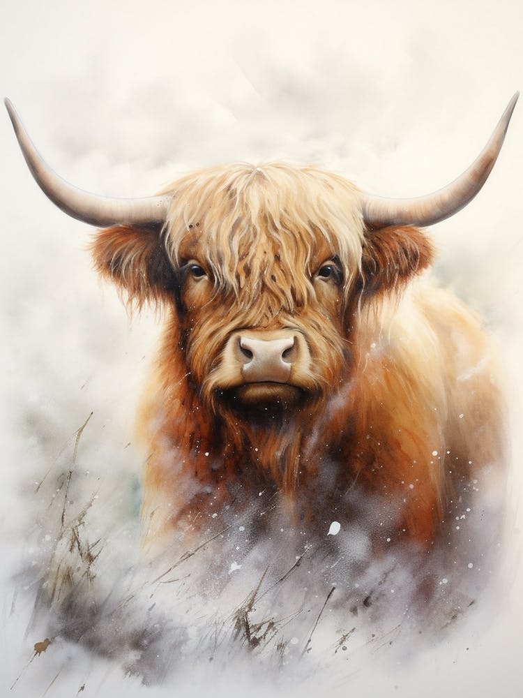 Watercolour Of Highland Cow In The Storm 2