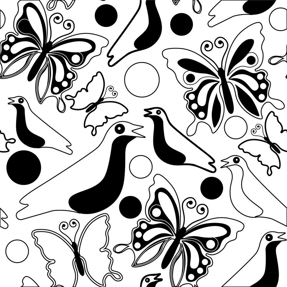 Butterflies Birds Seamless Pattern Black Version