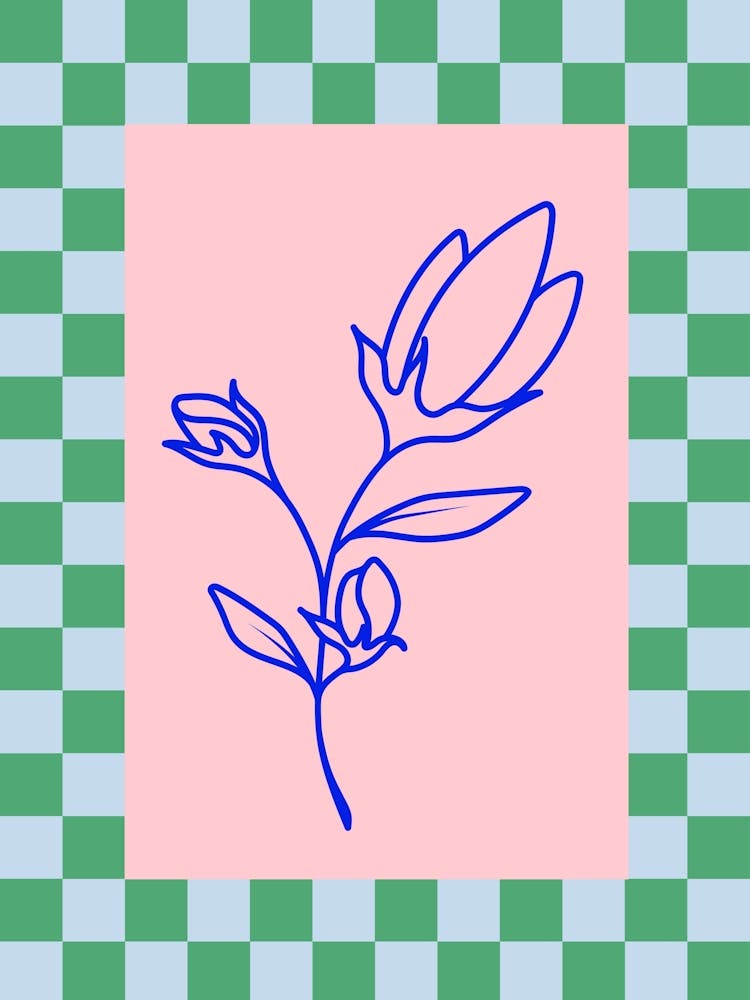 Modern Kariertes Blumenposter Blau & Rosa 17