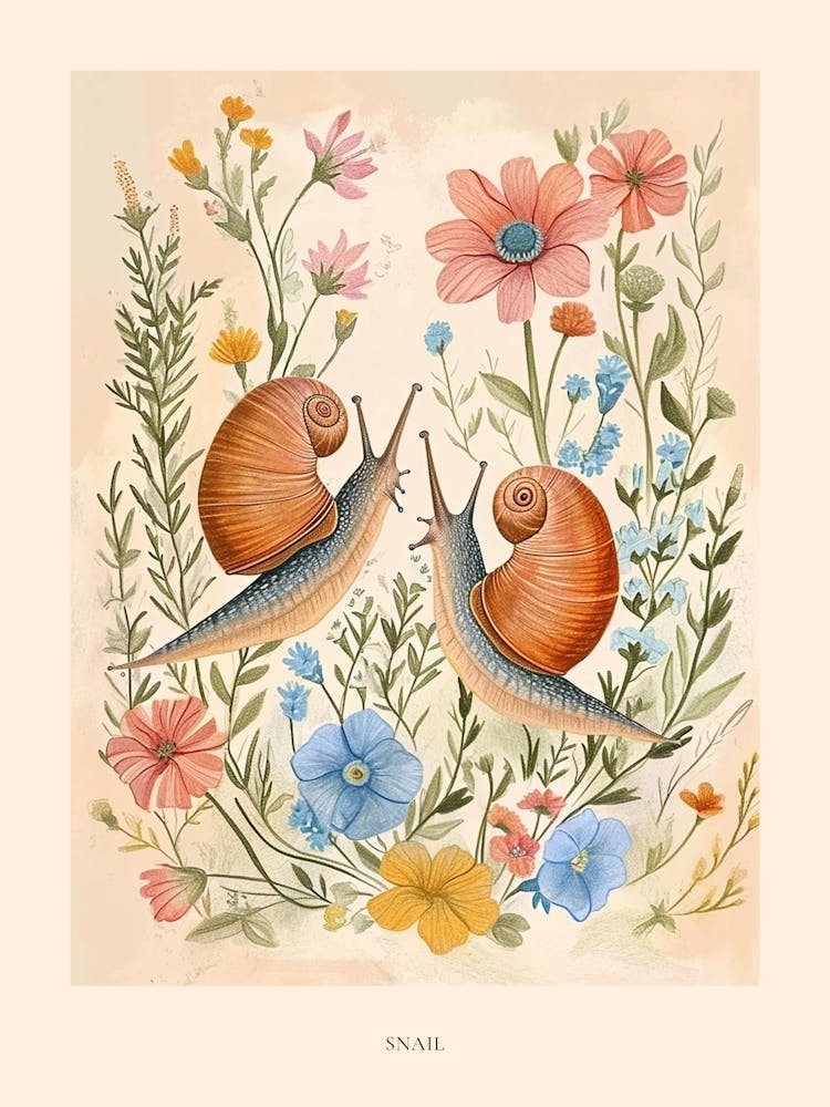Folksy Floral Animal Drawing Snail 2 Poster