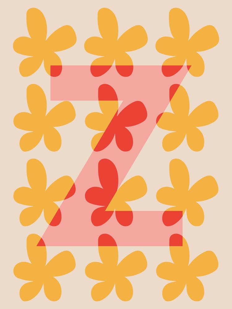 Alphabet Flower Letter Z Print - Pink, Yellow, Red
