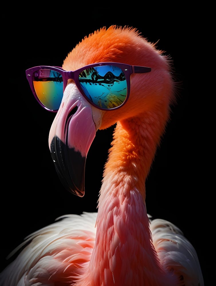 A vibrant, close-up portrait of a flamingo wearing stylish sunglasses, showcasing a colorful gradient of pink and orange feathers.